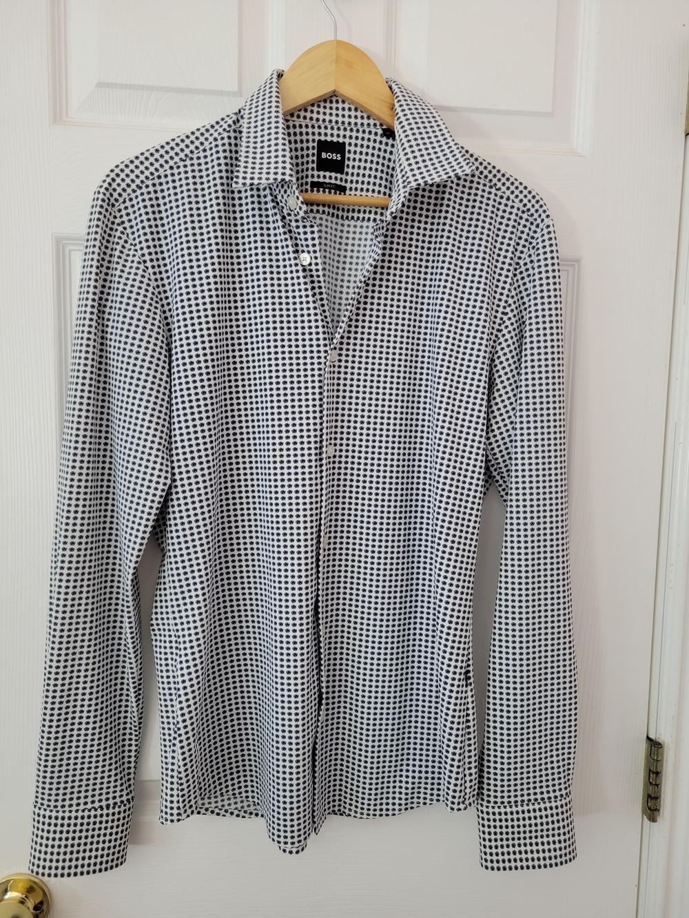 BOSS Hugo Boss Men’s Slim Fit Patterned Dress Shirt Stretch Size M Blue White - Picture 2 of 10